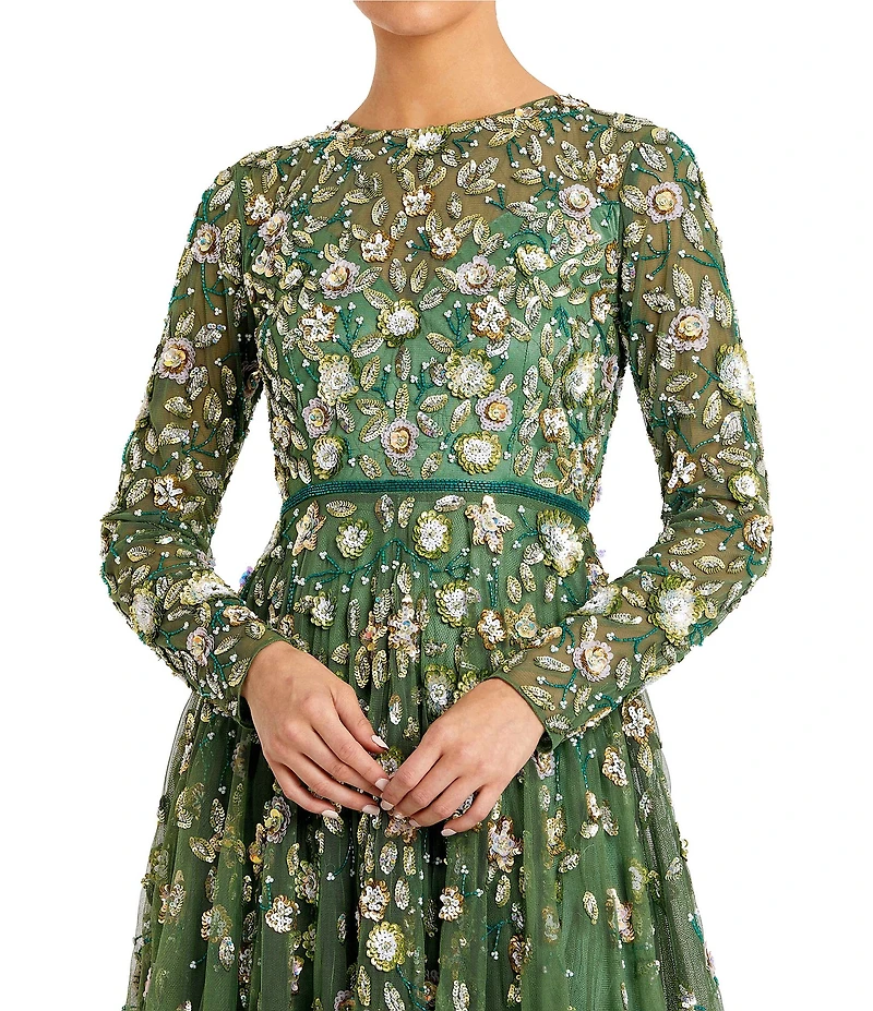Mac Duggal Petite Floral Beaded Crew Neck Long Sleeve Pleated Chiffon Gown
