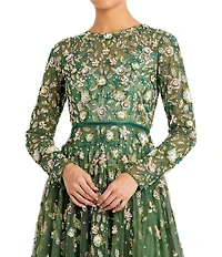 Mac Duggal Petite Floral Beaded Crew Neck Long Sleeve Pleated Chiffon Gown
