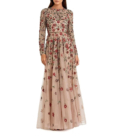 Mac Duggal Petite Floral Beaded Crew Neck Long Sleeve Pleated Chiffon Gown