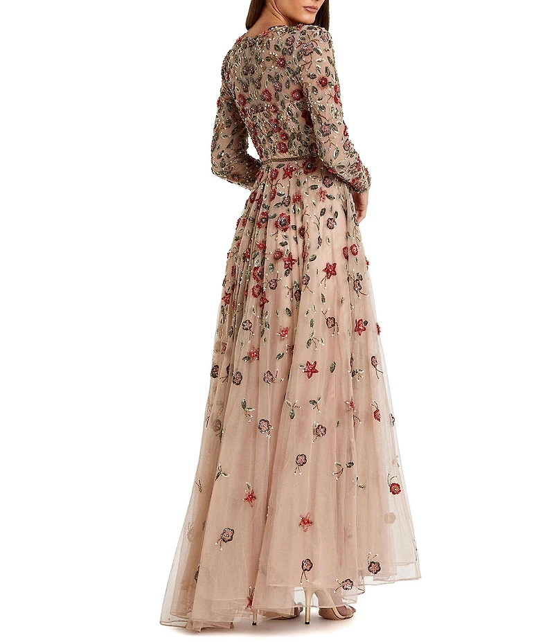 Mac Duggal Petite Floral Beaded Crew Neck Long Sleeve Pleated Chiffon Gown