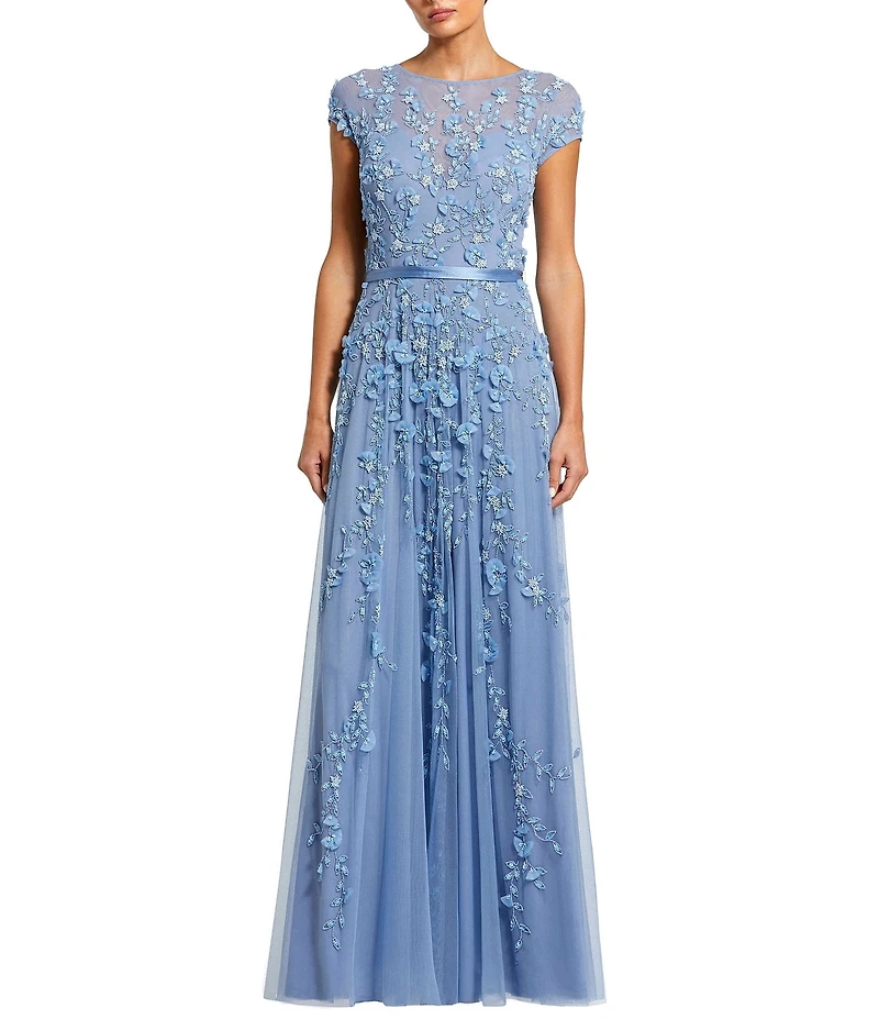 Mac Duggal Petite Size Illusion Round Neck Cap Sleeve Floral Embellished Mesh Aline Gown