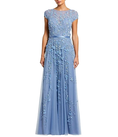 Mac Duggal Petite Size Illusion Round Neck Cap Sleeve Floral Embellished Mesh Aline Gown