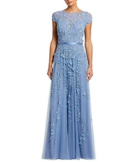 Mac Duggal Petite Size Illusion Round Neck Cap Sleeve Floral Embellished Mesh Aline Gown