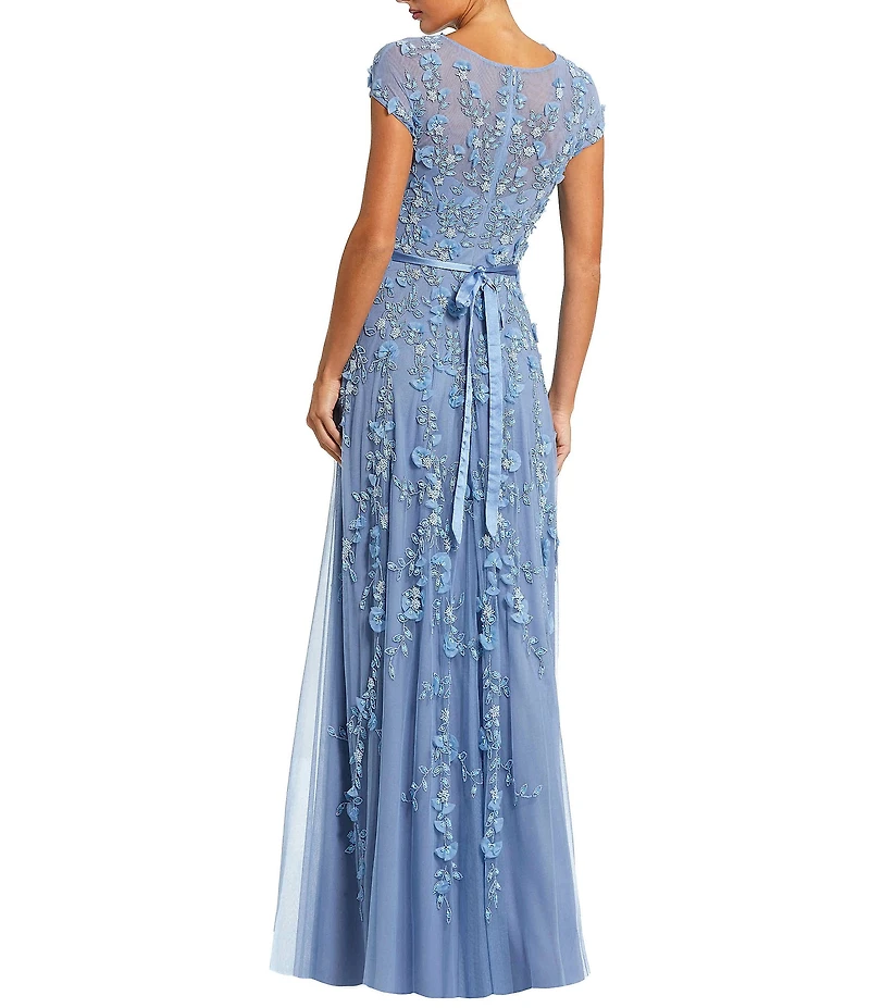 Mac Duggal Petite Size Illusion Round Neck Cap Sleeve Floral Embellished Mesh Aline Gown