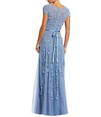 Mac Duggal Petite Size Illusion Round Neck Cap Sleeve Floral Embellished Mesh Aline Gown