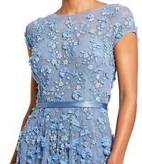 Mac Duggal Petite Size Illusion Round Neck Cap Sleeve Floral Embellished Mesh Aline Gown