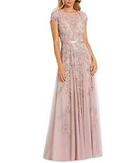 Mac Duggal Petite Illusion Round Neck Cap Sleeve Floral Embellished Mesh Aline Gown