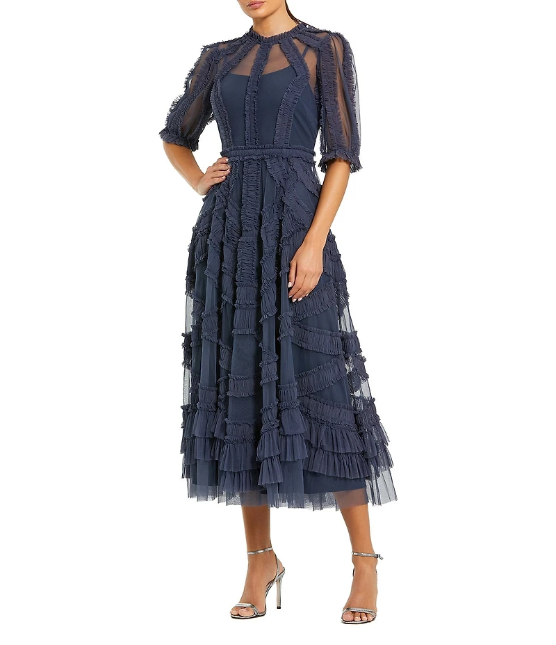 Mac Duggal Petite Mesh Ruffle Tiered A-Line Midi Dress