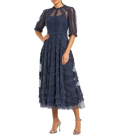 Mac Duggal Petite Mesh Ruffle Tiered A-Line Midi Dress