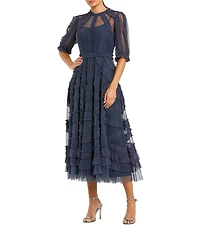Mac Duggal Petite Mesh Ruffle Tiered A-Line Midi Dress