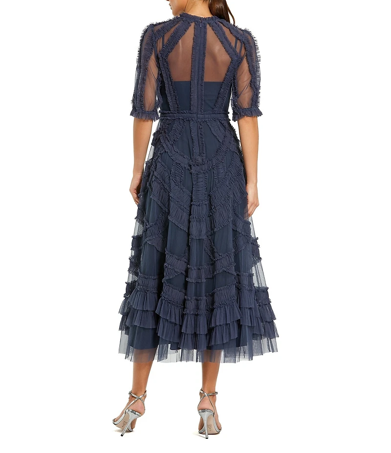 Mac Duggal Petite Mesh Ruffle Tiered A-Line Midi Dress