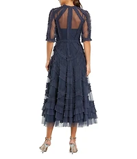 Mac Duggal Petite Mesh Ruffle Tiered A-Line Midi Dress
