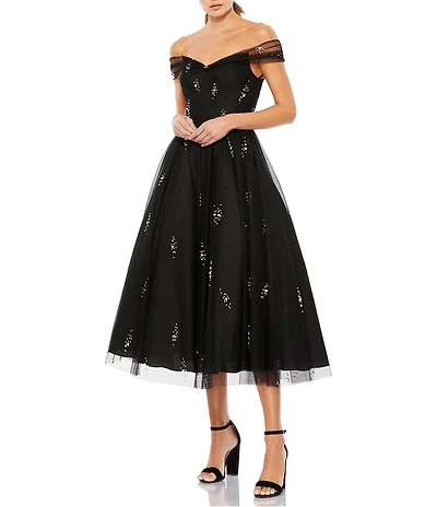 Mac Duggal Petite Pearl Embellished Off-The-Shoulder A-Line Dress