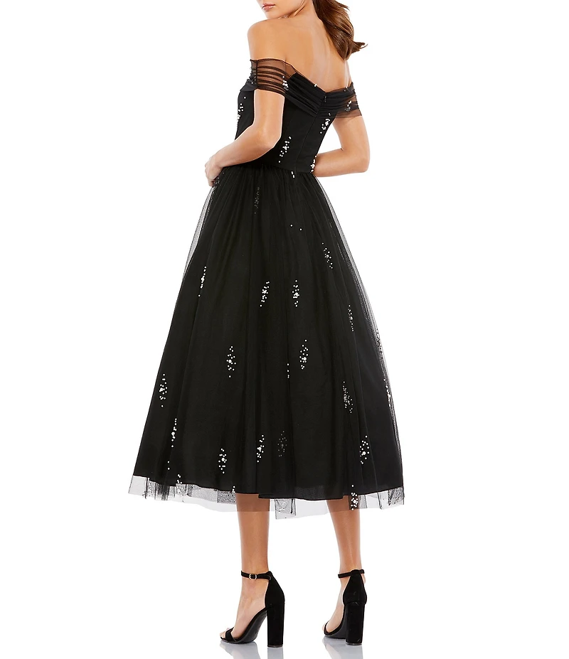 Mac Duggal Petite Pearl Embellished Off-The-Shoulder A-Line Dress