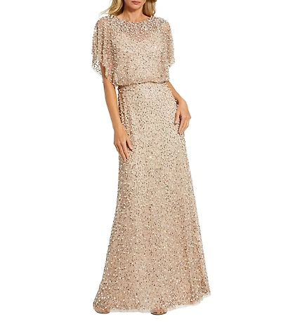 Mac Duggal Petite Pearl Sequin Beaded Mesh Boat Neck Short Flutter Sleeve Shawl Gown