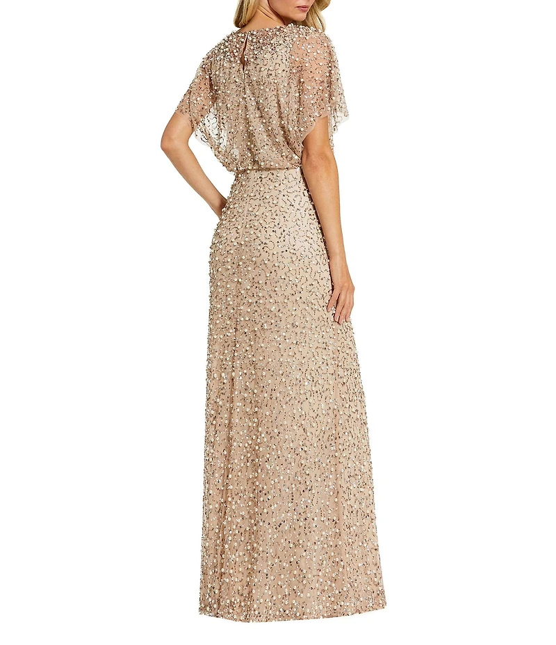 Mac Duggal Petite Pearl Sequin Beaded Mesh Boat Neck Short Flutter Sleeve Shawl Gown
