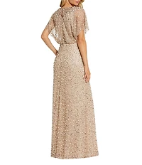 Mac Duggal Petite Pearl Sequin Beaded Mesh Boat Neck Short Flutter Sleeve Shawl Gown