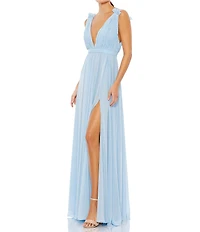 Mac Duggal Petite Pleated Chiffon V-Neck Ruffle Sleeveless A-Line Gown