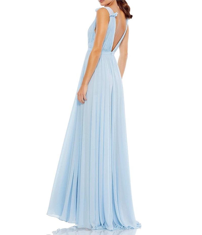 Mac Duggal Petite Pleated Chiffon V-Neck Ruffle Sleeveless A-Line Gown
