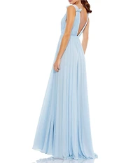 Mac Duggal Petite Pleated Chiffon V-Neck Ruffle Sleeveless A-Line Gown