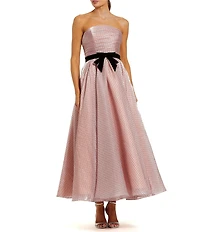 Mac Duggal Petite Polka Dot Organza Strapless Ankle Dress With Bow