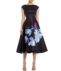 Mac Duggal Petite Satin Cap Sleeve Midi Dress With Floral Print