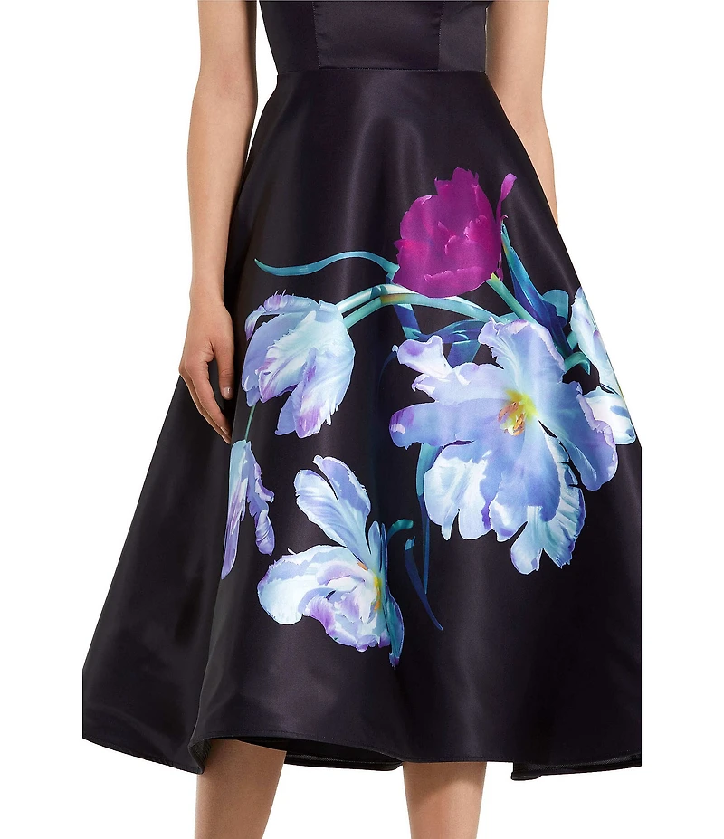 Mac Duggal Petite Satin Cap Sleeve Midi Dress With Floral Print