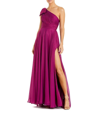 Mac Duggal Petite Size Bow One Shoulder Ruched Bodice Chiffon A Line Gown