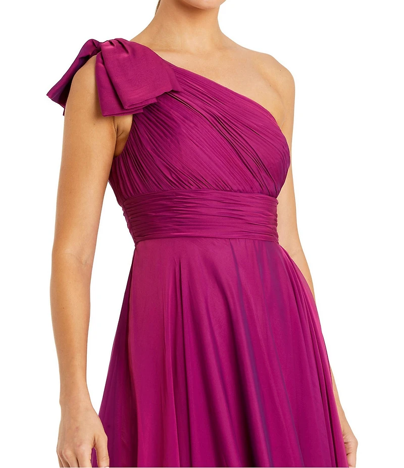 Mac Duggal Petite Size Bow One Shoulder Ruched Bodice Chiffon A Line Gown