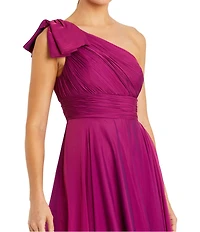 Mac Duggal Petite Size Bow One Shoulder Ruched Bodice Chiffon A Line Gown