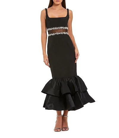 Mac Duggal Petite Size Crepe Beaded Mesh Waist Detail Ruffle Hem Midi Dress