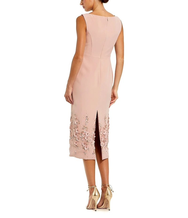 Mac Duggal Petite Size Crepe Flower Beading Sleeveless Midi Dress