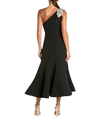 Mac Duggal Petite Size Crepe One Shoulder Flower Mermaid Midi Dress