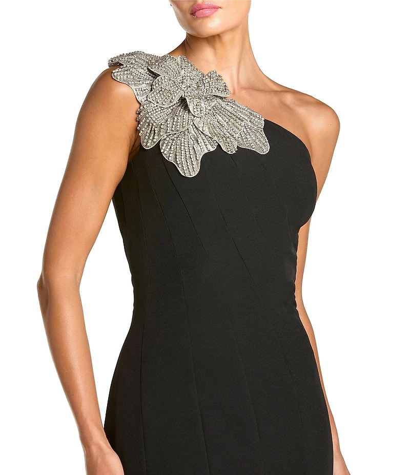 Mac Duggal Petite Size Crepe One Shoulder Flower Mermaid Midi Dress