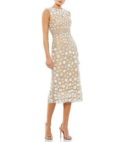 Mac Duggal Petite Size Floral Applique Sleeveless Midi Dress