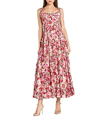 Mac Duggal Petite Size Floral Cotton Ruffle Square Neck Ankle Dress
