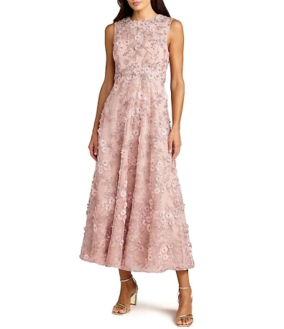 Mac Duggal Petite Size Floral Embroidered Sleeveless High Neck Midi Dress