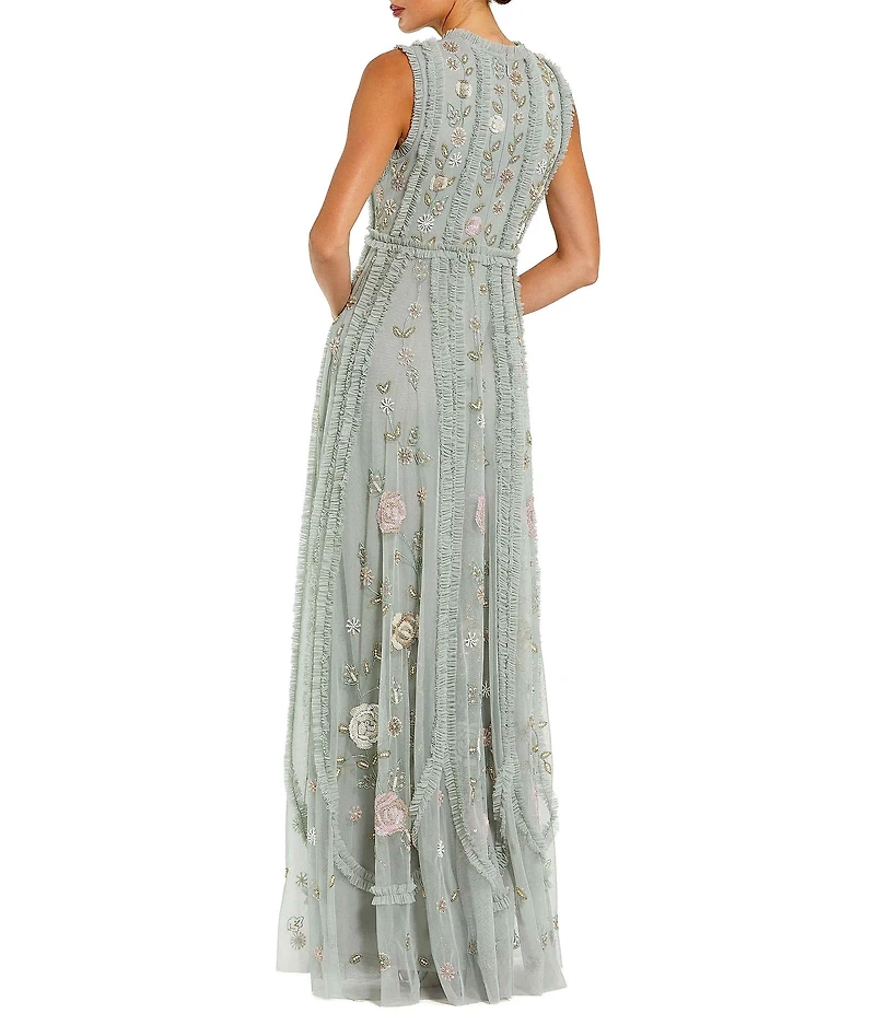 Mac Duggal Petite Size Floral Mesh Sleeveless A Line Micro Ruffle Long Gown