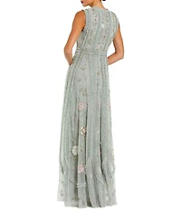 Mac Duggal Petite Size Floral Mesh Sleeveless A Line Micro Ruffle Long Gown