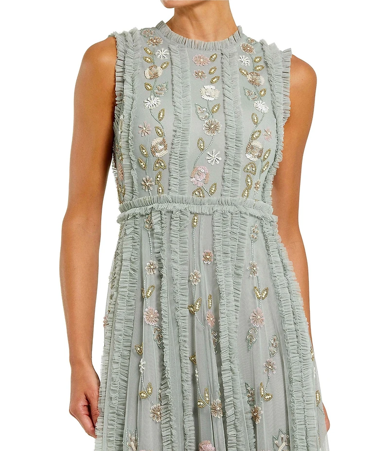 Mac Duggal Petite Size Floral Mesh Sleeveless A Line Micro Ruffle Long Gown