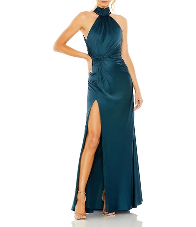 Mac Duggal Petite Size Halter Neck Open Back Twist Front Satin Gown