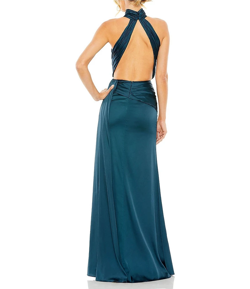 Mac Duggal Petite Size Halter Neck Open Back Twist Front Satin Gown