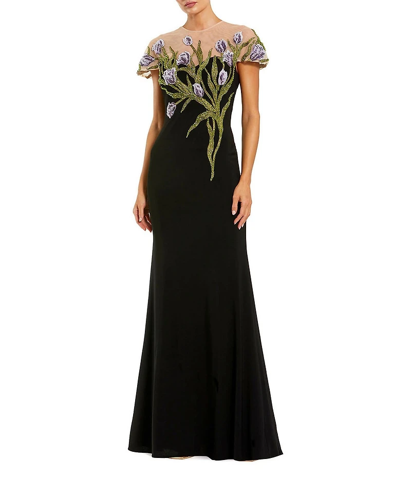 Mac Duggal Petite Size Illusion Neck Floral Embroidered Jersey Gown