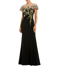 Mac Duggal Petite Size Illusion Neck Floral Embroidered Jersey Gown