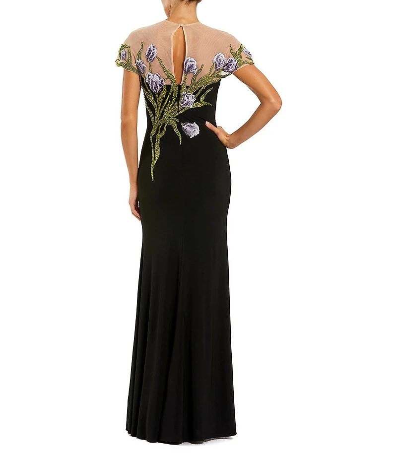 Mac Duggal Petite Size Illusion Neck Floral Embroidered Jersey Gown