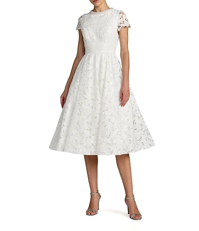 Mac Duggal Petite Size Lace Embellished Cap Sleeve A-Line Midi Dress