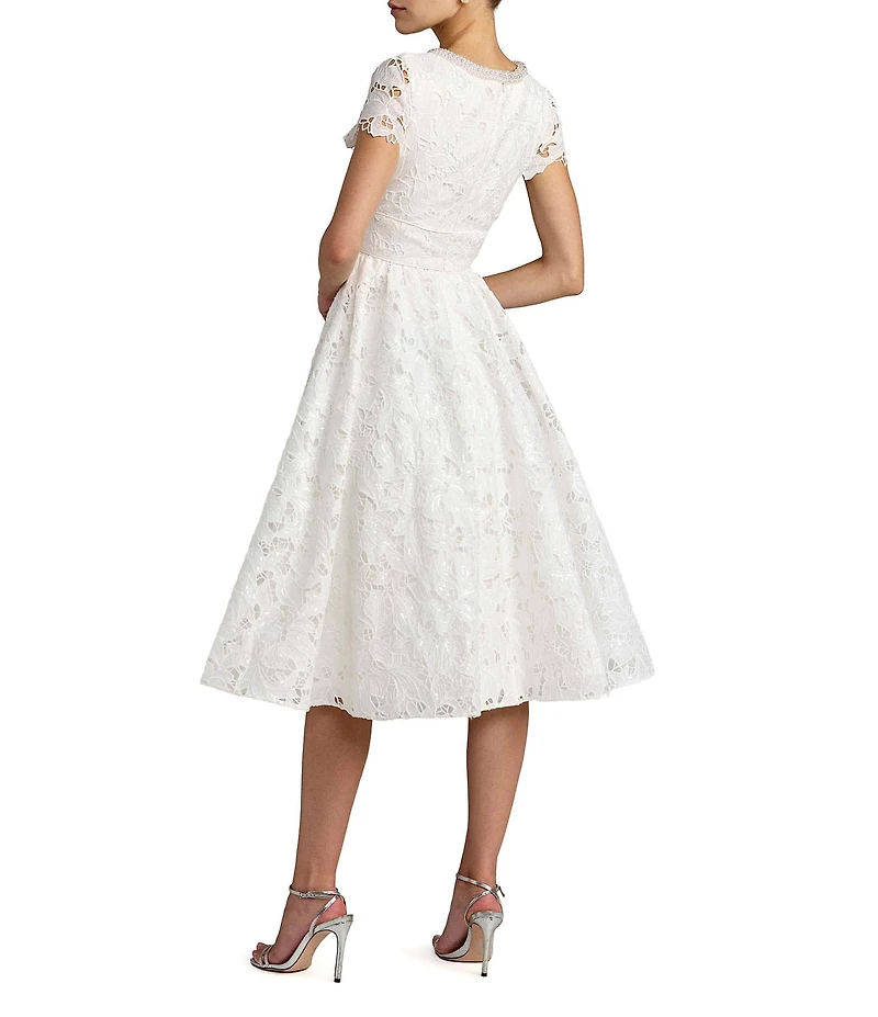 Mac Duggal Petite Size Lace Embellished Cap Sleeve A-Line Midi Dress