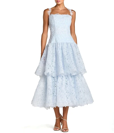 Mac Duggal Petite Size Lace Sleeveless Ruffle Tiered Drop Waist Midi Dress