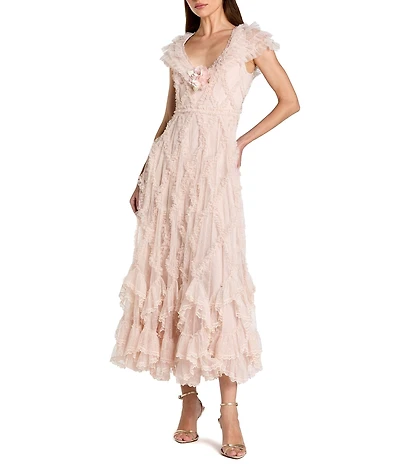 Mac Duggal Petite Size Mesh V-Neck A Line Ankle Dress With Ruffles