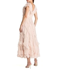 Mac Duggal Petite Size Mesh V-Neck A Line Ankle Dress With Ruffles